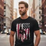 Handsome man wearing the original Doberman Pinscher American Flag shirt by Madine Design, a bestselling doberman shirt for men since 2020.