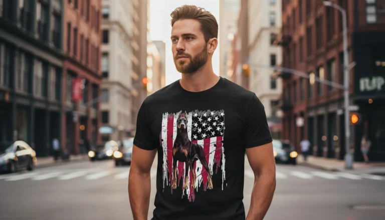 Handsome man wearing the original Doberman Pinscher American Flag shirt by Madine Design, a bestselling doberman shirt for men since 2020.